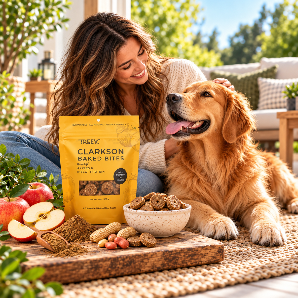 Dog owner relaxing with a Golden Retriever, Rogers Baked Bites and sweet potatoes