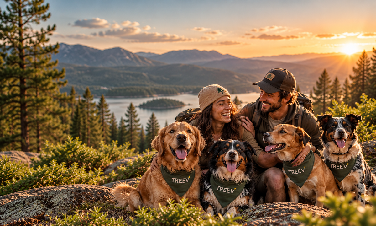 A smiling couple on a mountain trail with their dogs wearing TREEV bandanas