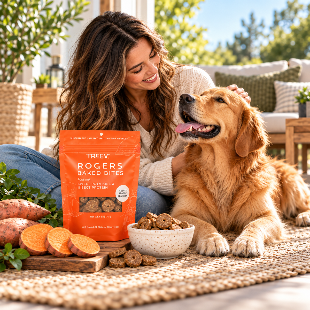 Dog owner relaxing with a Golden Retriever, Rogers Baked Bites and sweet potatoes