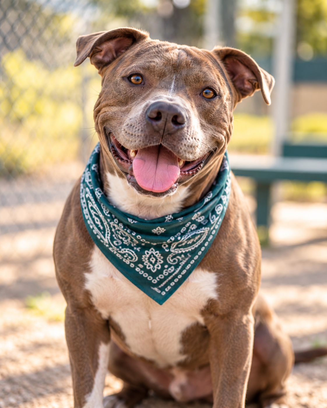 Benny, a smiling brown Pit Bull mix wearing a teal bandana