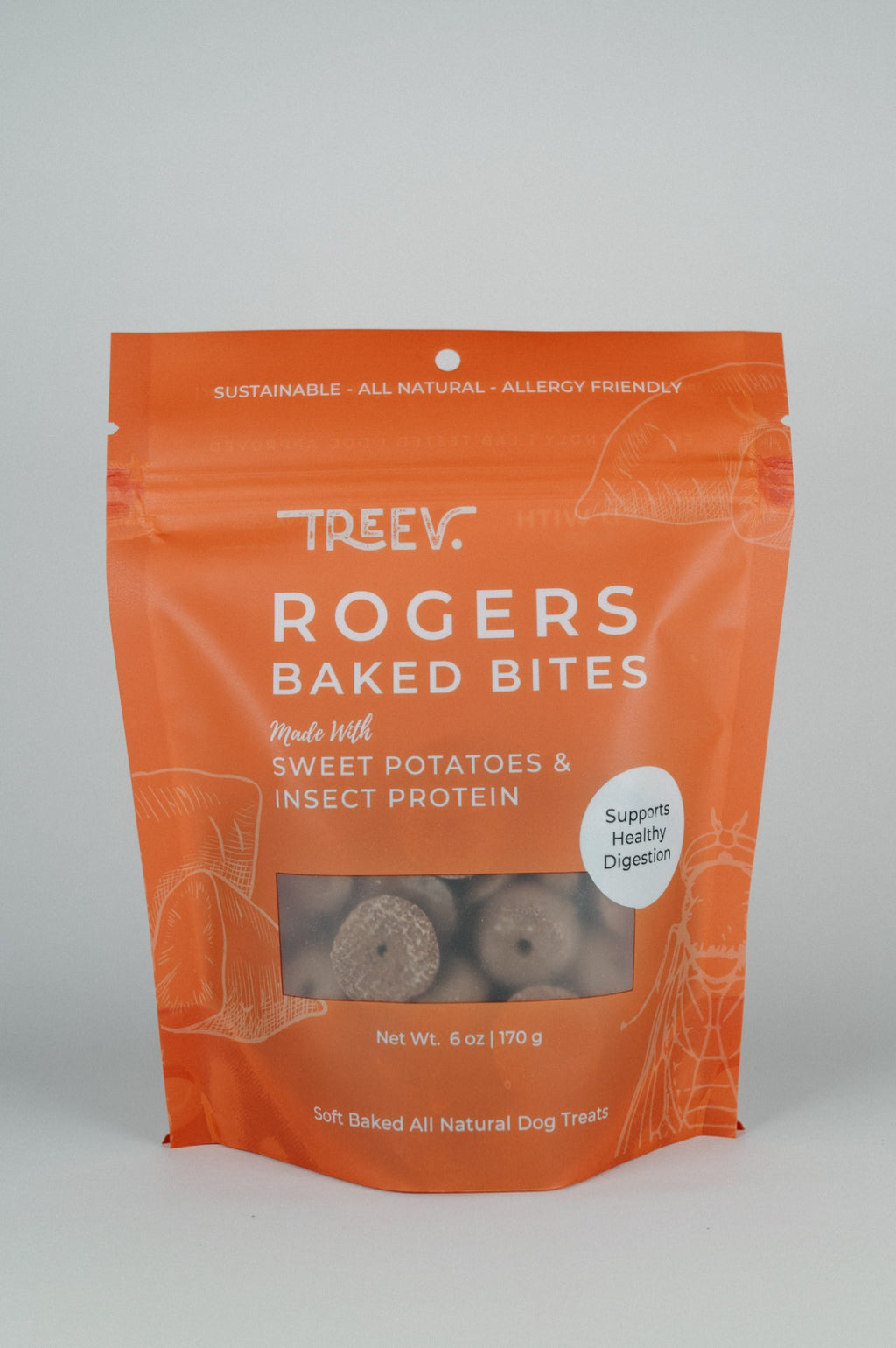 Front of a bag of TREEV Rogers Baked Bites made with sweet potatoes and insect protein