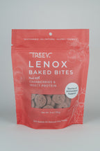Front of a bag of TREEV Lenox Baked Bites made with cranberries and insect protein