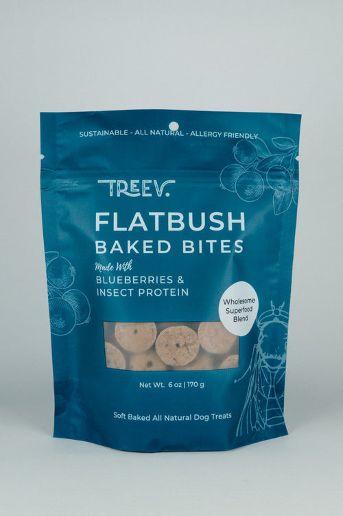 Front of a bag of TREEV Flatbush Baked Bites made with blueberries and insect protein