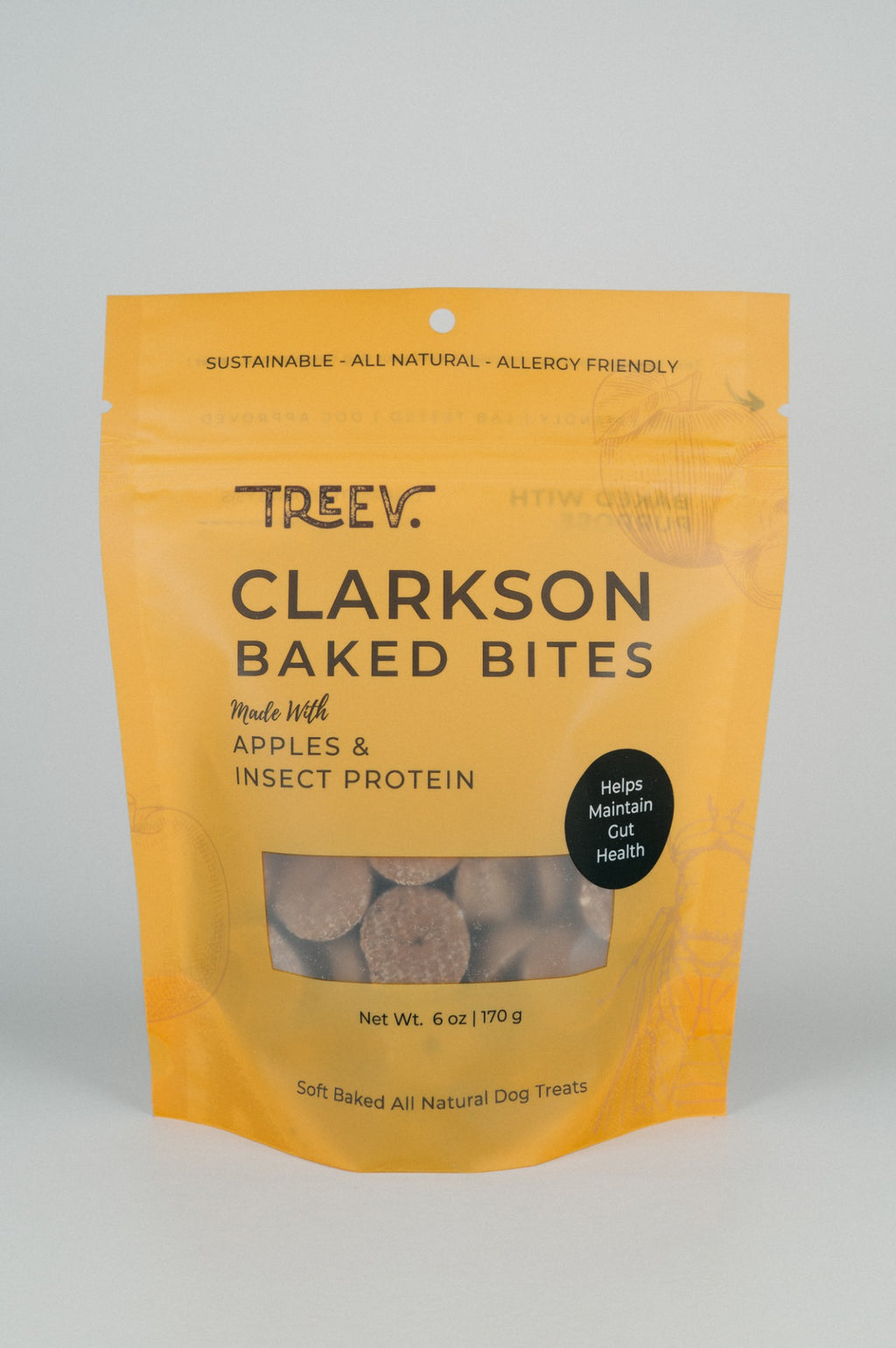 Front of a bag of TREEV Clarkson Baked Bites made with apples and insect protein